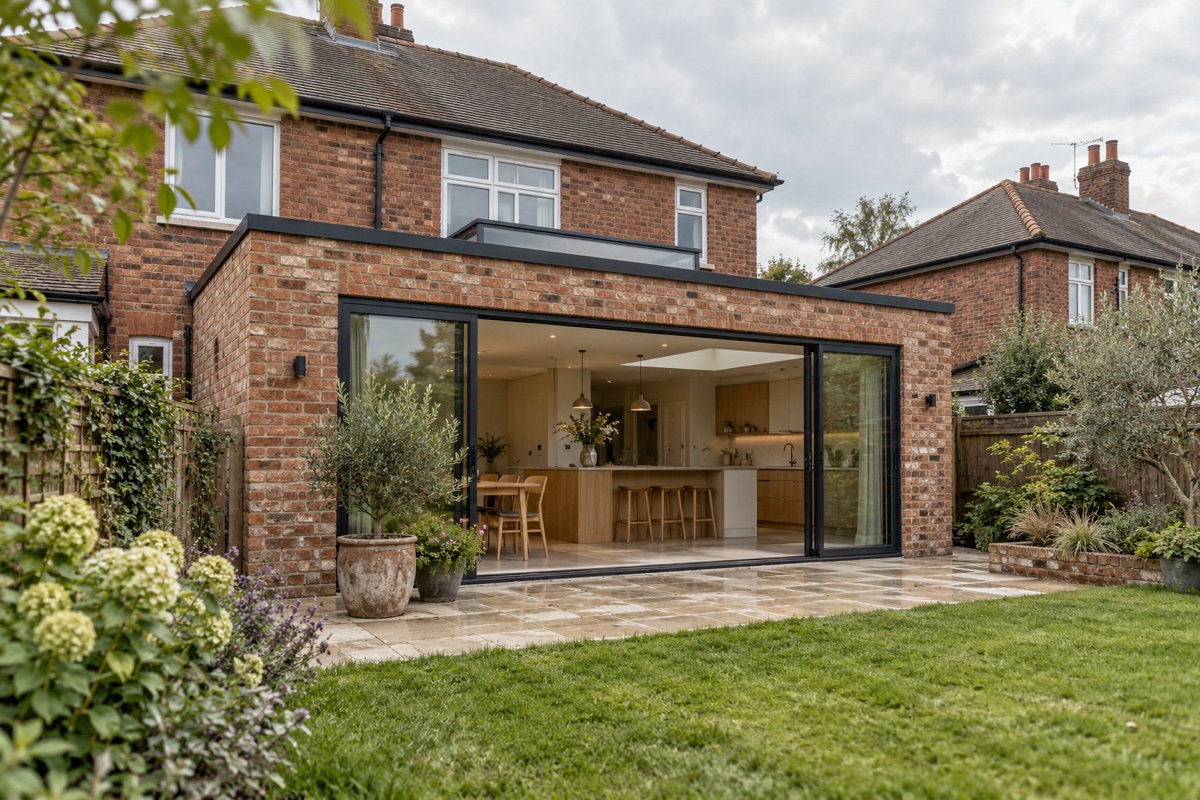 Illustrative British brick house with a single-storey rear kitchen extension
