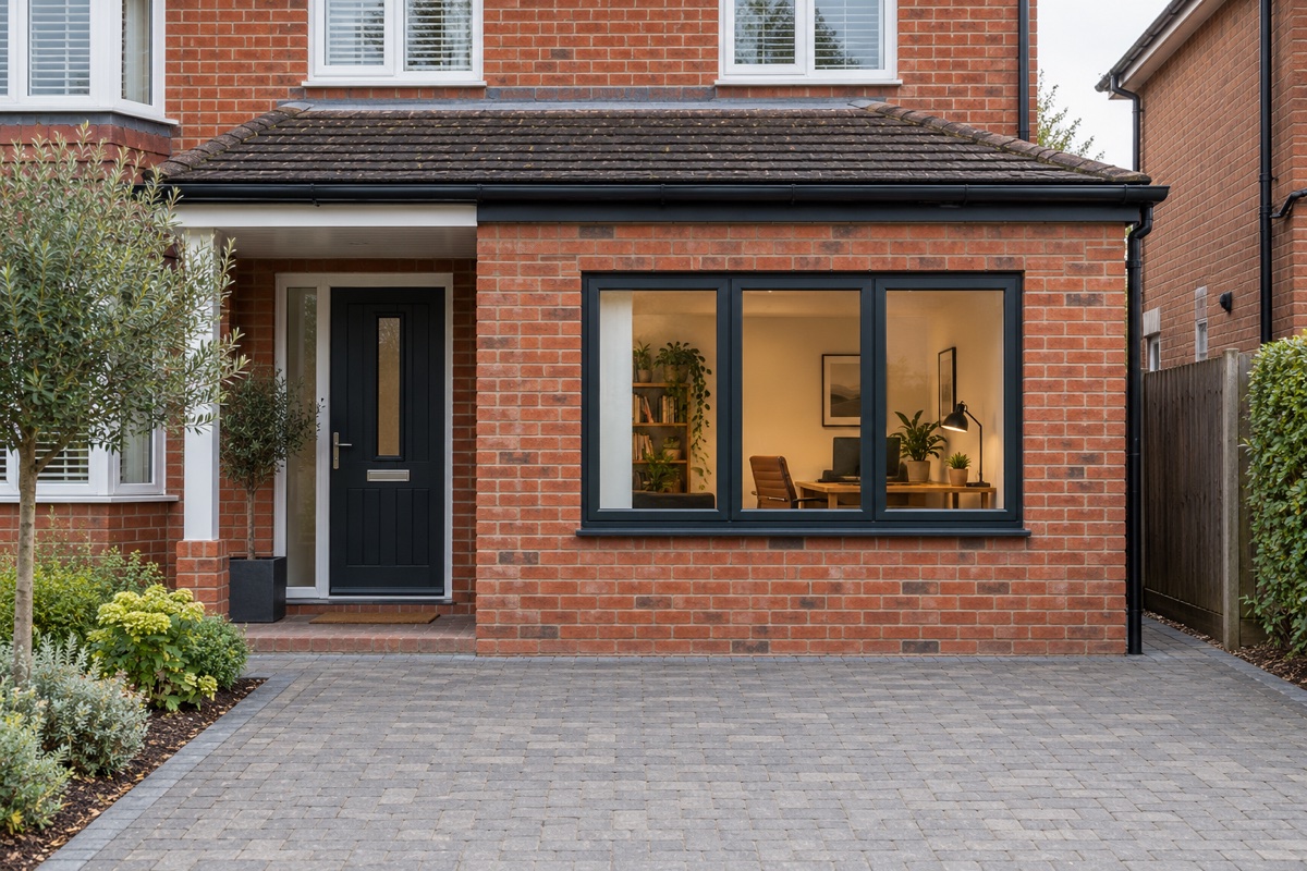 Illustrative former integral garage converted to a home office, with matching brickwork and a dark-framed window