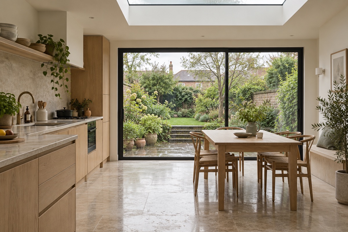 Illustrative bright kitchen and dining space opening onto a garden
